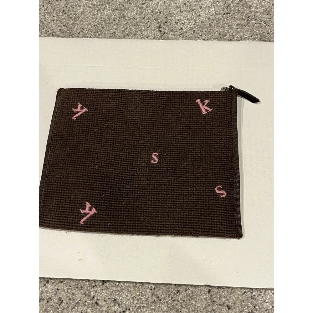 Kate Spade Brown Needlepoint Initial Bag Cosmetic Case Pouch‎ Vintage